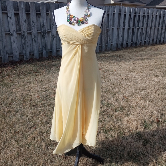 David's Bridal Canary Yellow Strapless Midi Dress - Picture 3 of 16